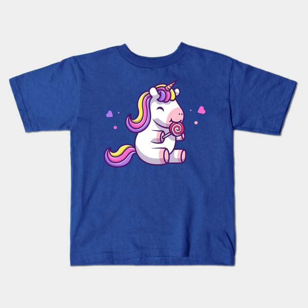 Cute Unicorn Eating Lollipop Cartoon (2) Kids T-Shirt by Catalyst Labs